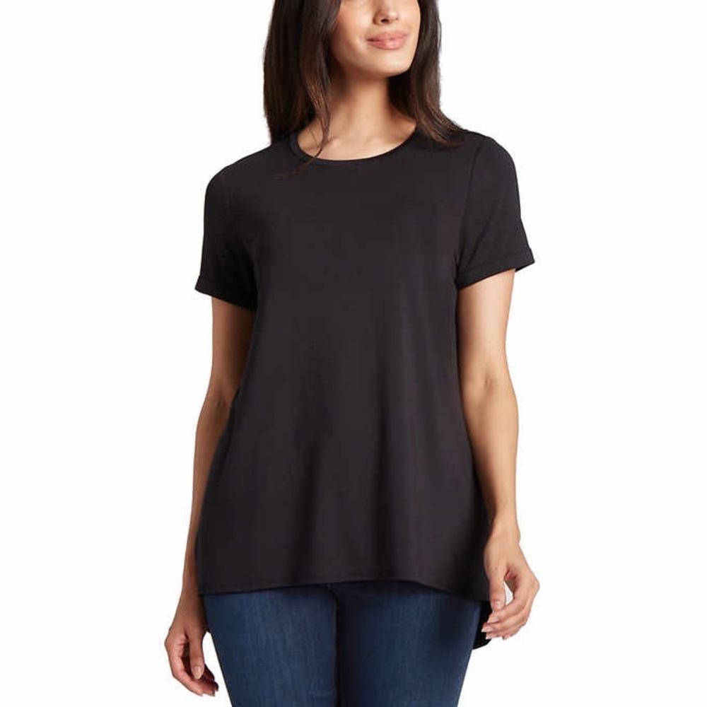 Ellen Tracy Black Tunic Length Crewneck High-Low Soft Relaxed Top